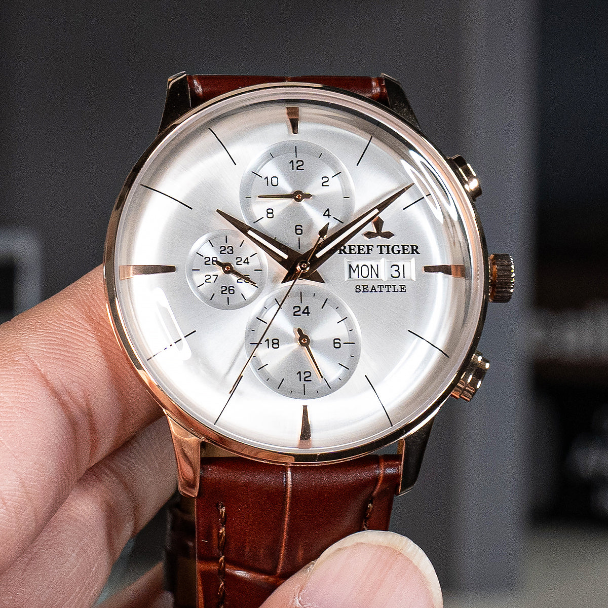 Men's Luxury 42mm Rose Gold Three Eyes Subdial Automatic Watches - RGA1699 Vintage Dress Design Watch