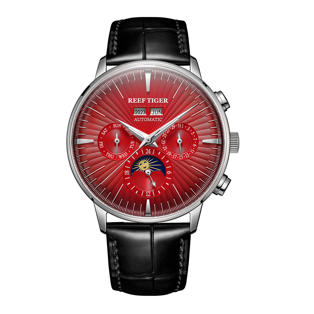 Red Dial Automatic Multifunctional Day/Date Moon phase Watch For Men - REEF TIGER RGA8218 Vintage Business Wristwatch