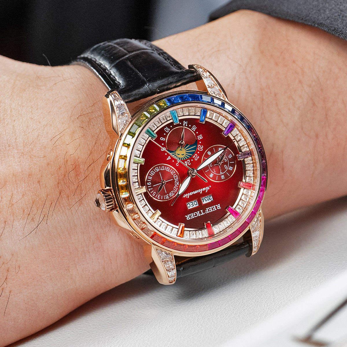 Reef Tiger RGA1988 Burgundy Red Dial Moonphase of Men 42mm Automatic Mechanical Rose Gold Watch - Rainbow Zirconia Bezel