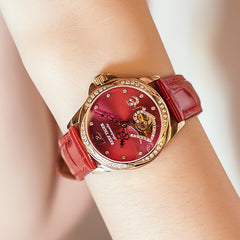REEF TIGER Original Diamond Watches for Women - Fashion Burgundy Red Dial Luxury RGA1583 Automatic Ladies Dress Watch