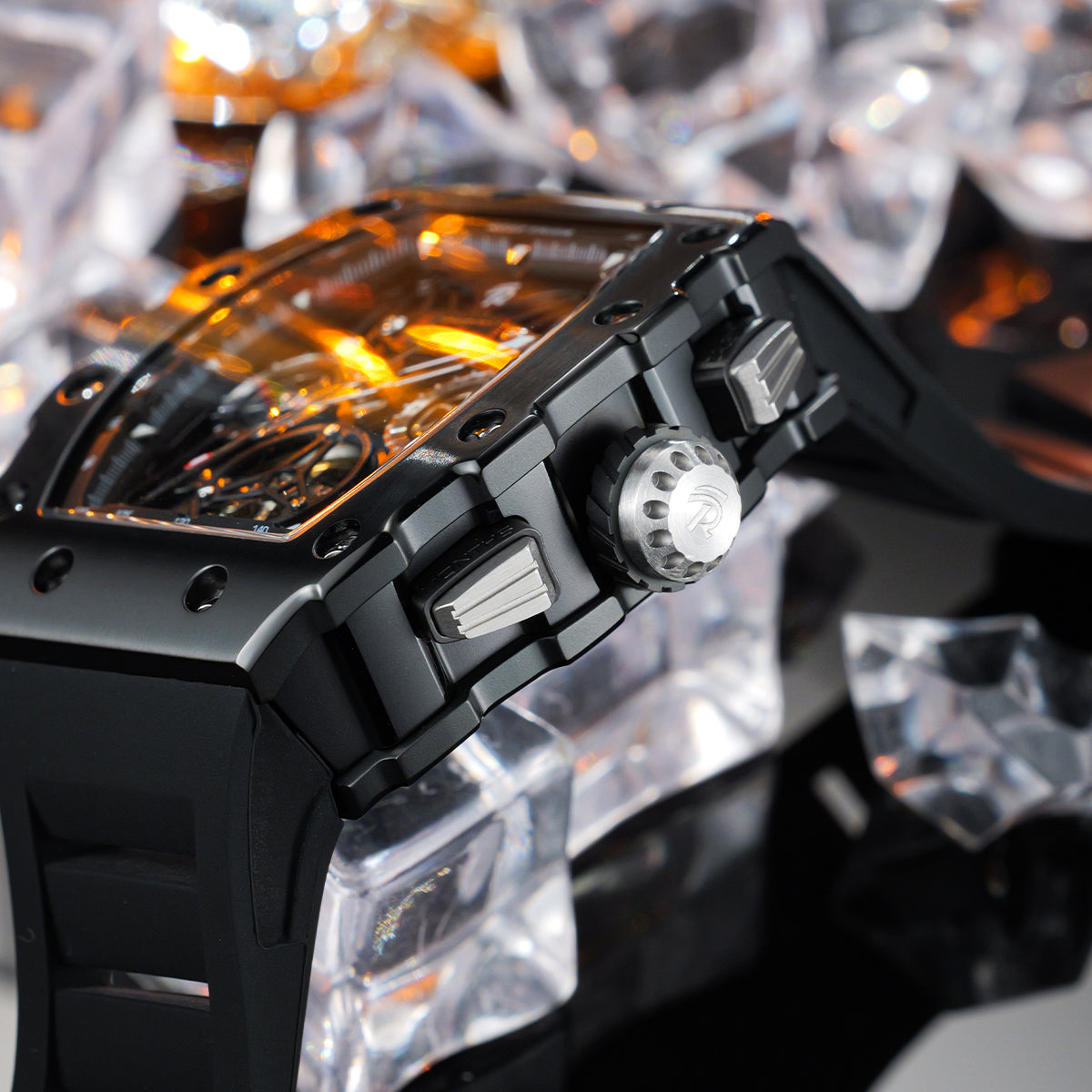 REEF TIGER RGA3009 All Black Men Fashion Flywheel Skeleton Automatic Mechanical Watches - Multifunctional Day/Date Skeleton Watch