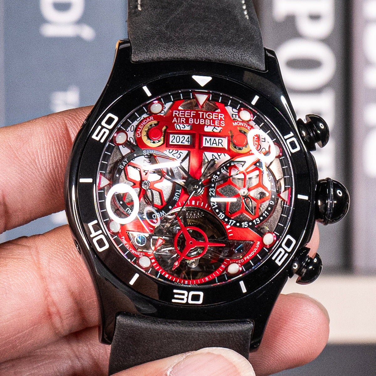 All Black Reef Tiger Aurora RGA703 Mens Sport Automatic Skeleton Red Dial Watches