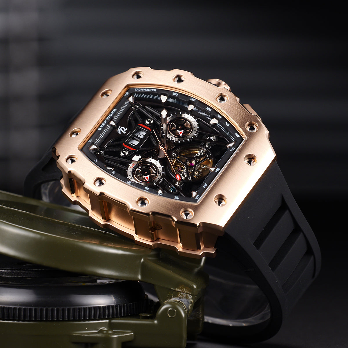 REEF TIGER RGA3009 Rose Gold Men Skeleton Automatic Tonneau Wristwatch - Multifunctional Date Luminous Waterproof Watch