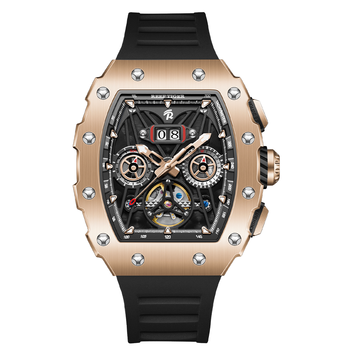 REEF TIGER RGA3009 Rose Gold Men Skeleton Automatic Tonneau Wristwatch - Multifunctional Date Luminous Waterproof Watch