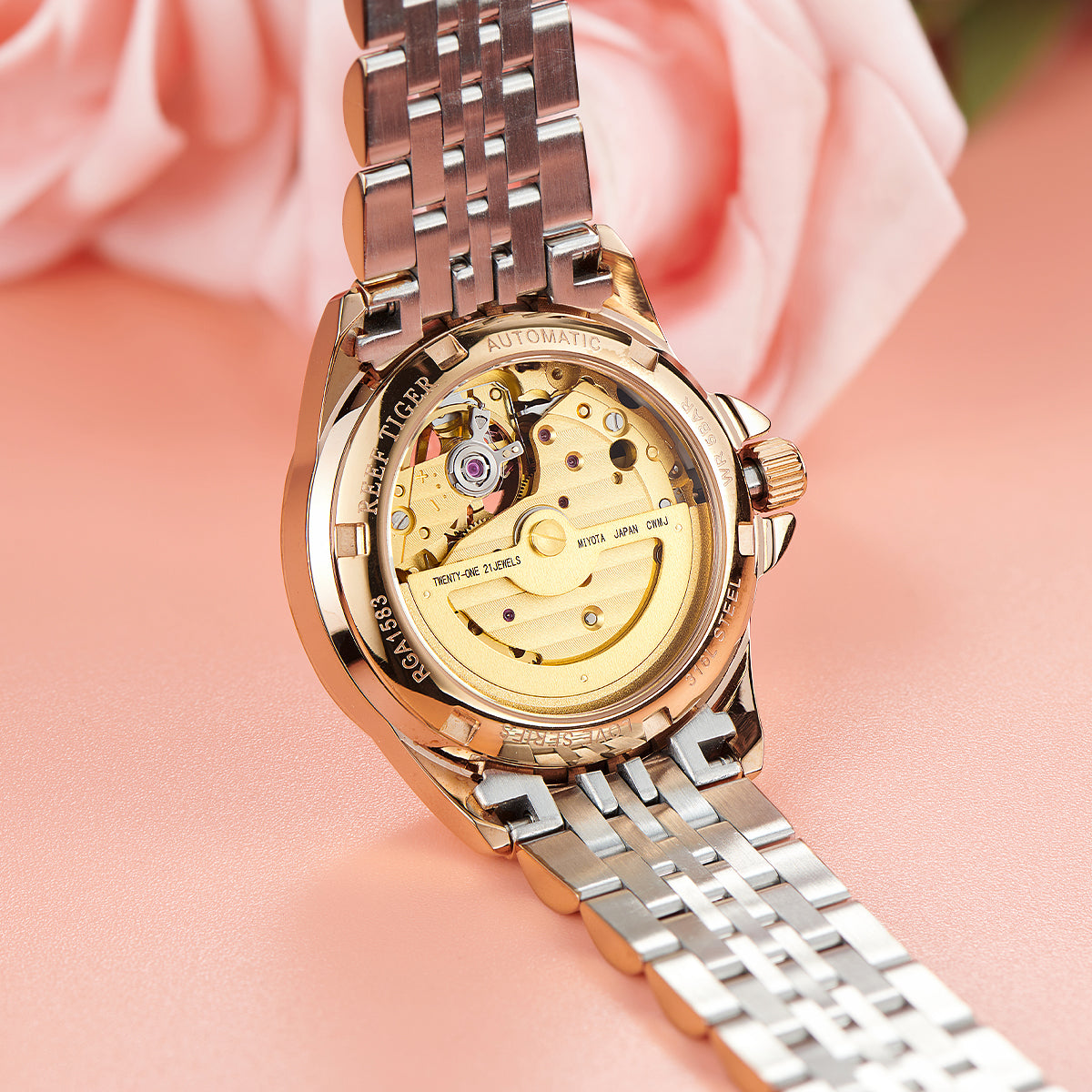 REEF TIGER Original Diamond Watches for Women - Fashion Burgundy Red Dial Luxury RGA1583 Automatic Ladies Dress Watch