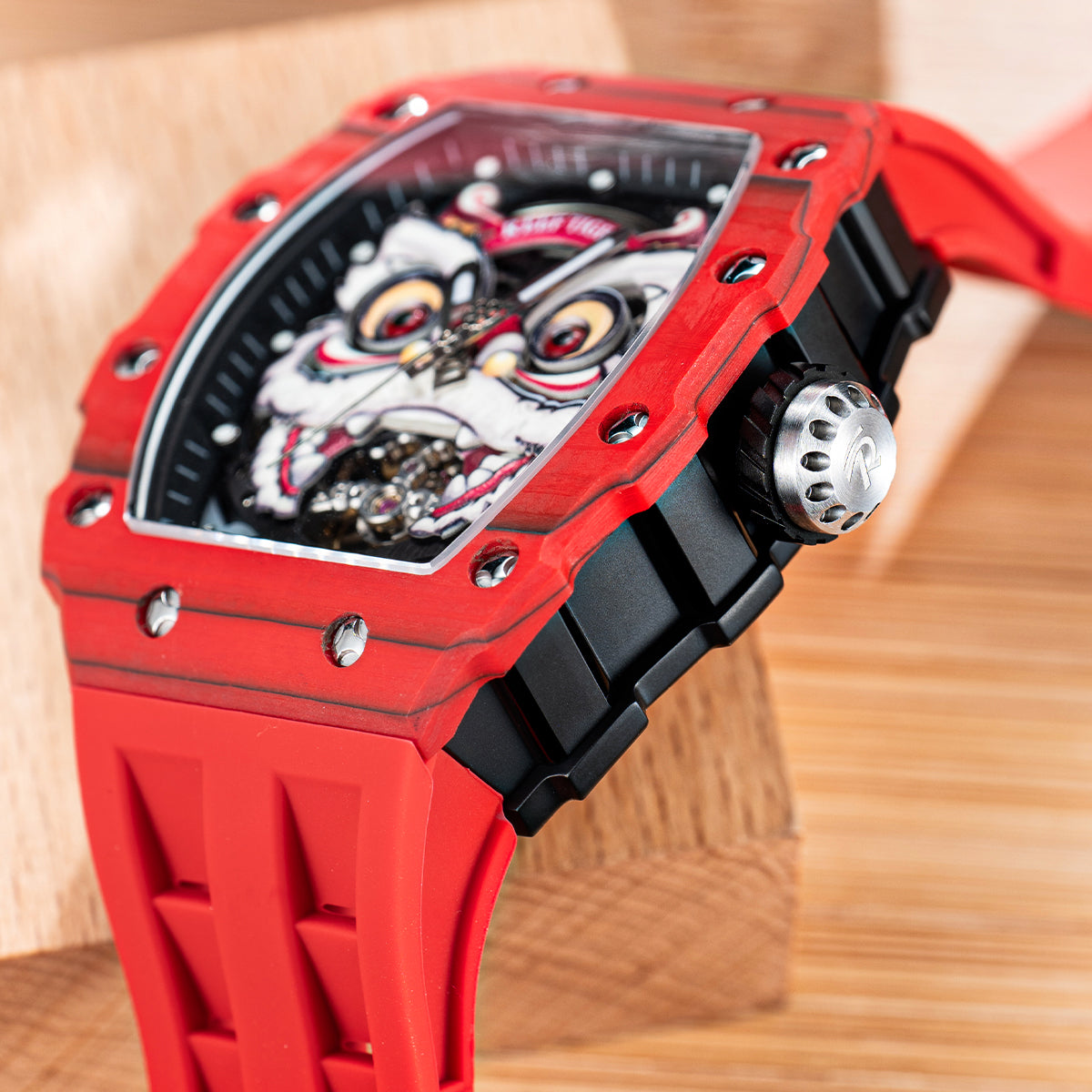 Fashion Reef Tiger RGA3009 Chinese Red Carbon Fiber Case Lion Dance Skeleton Automatic Watch