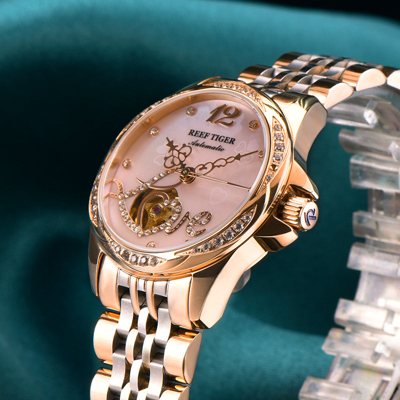 REEF TIGER LOVE RGA1583 Luxury Diamond Automatic Watch for Women - Elegant Rose Gold Stainless Steel Waterproof Ladies Watches