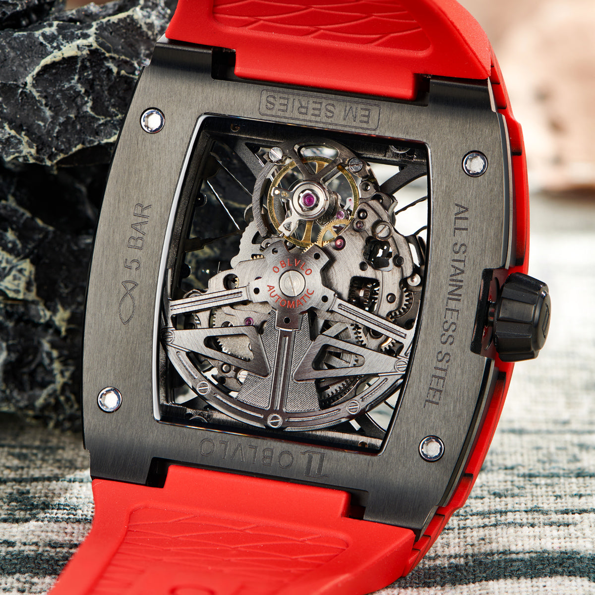 OBLVLO EM-ST Best Luxury Red Carbon Fiber Automatic Skeleton Sport Cool Watches for Men