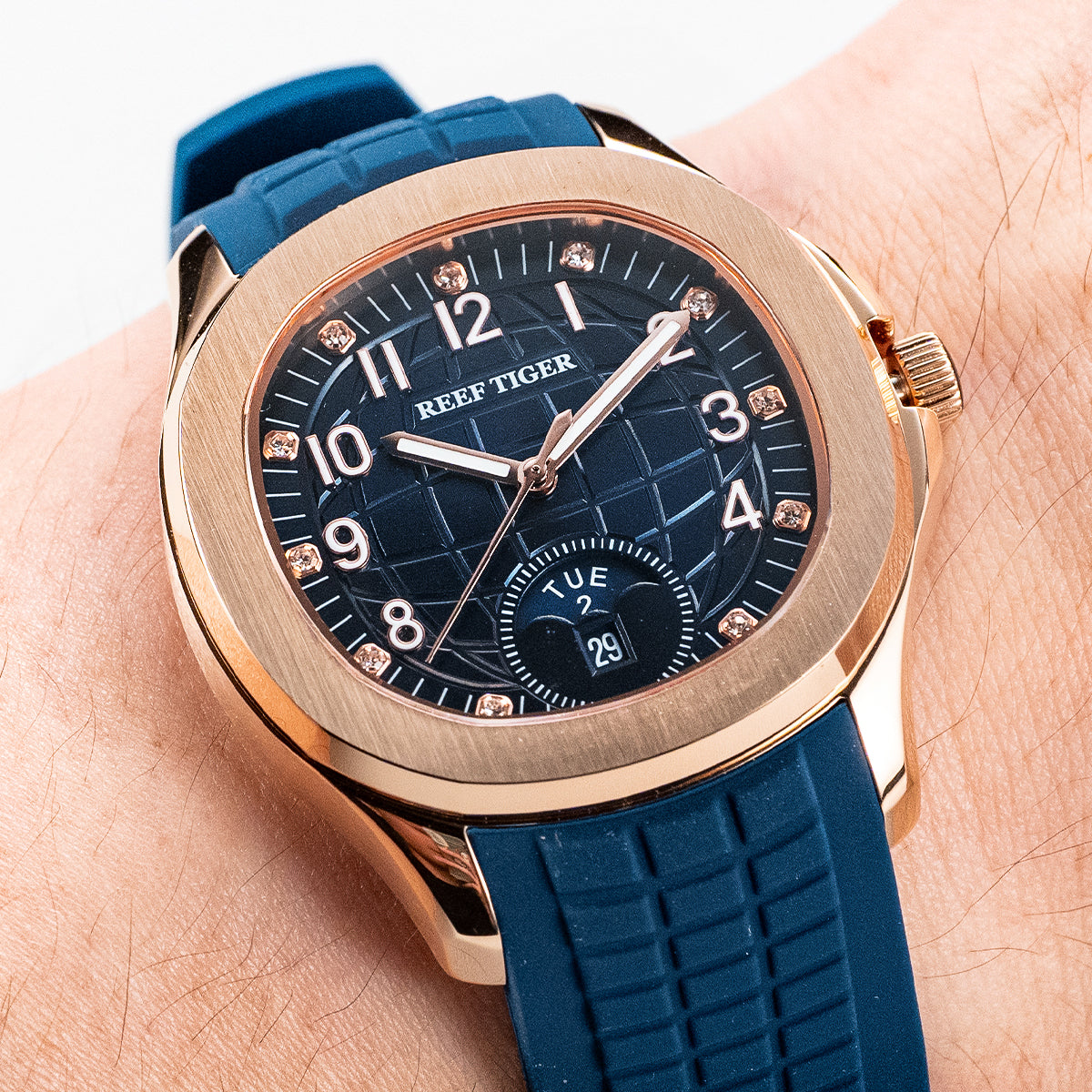 Reef Tiger RGA1805 Luxury Mens Rose Gold Square Multifunction Automatic Watch - 39mm Blue Dial & Rose Gold Case Watch