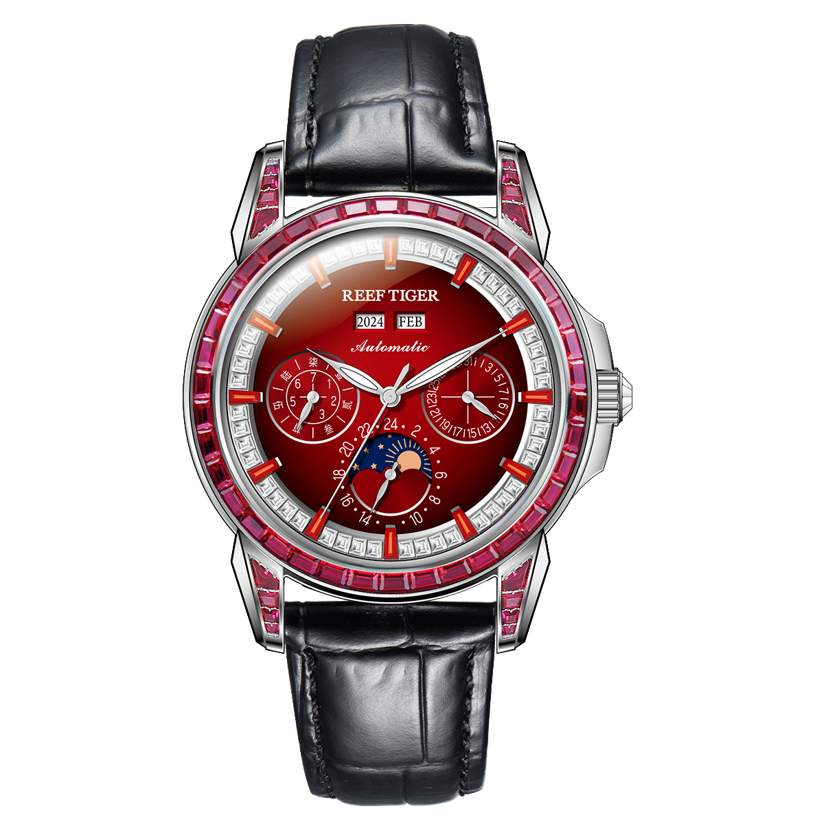 Reef Tiger RGA1988 Affordable Luxury Burgundy Red Zirconia Bezel & Dial Moon Phase Date Casual Watch for Men's