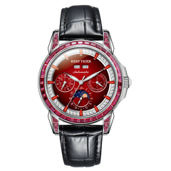 Reef Tiger RGA1988 Affordable Luxury Burgundy Red Zirconia Bezel & Dial Moon Phase Date Casual Watch for Men's