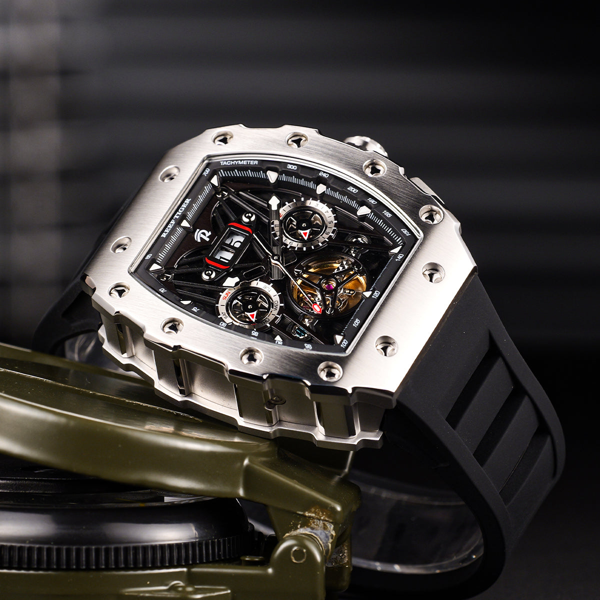 REEF TIGER Aurora RGA3009 Tonneau Automatic Mechanical Watch for Men - Multifunctional Date Luminous Waterproof Flywheel Watch