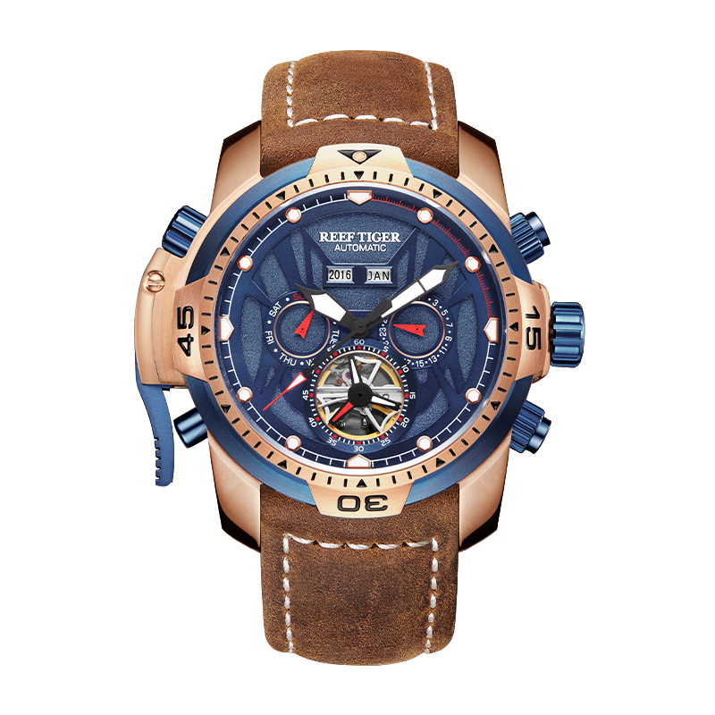 Reef Tiger Aurora RGA3532 Men's Automatic Mechanical Watch - Rose Gold Stainless Steel Case/Strap Wristwatch