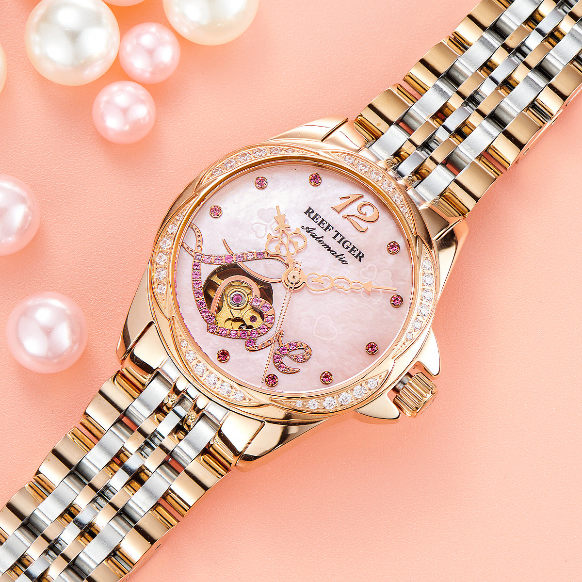 Pink Shell Pattern Dial Diamond Automatic Watch for Women - Fashion Luxury Rose Gold REEF TIGER RGA1583 Women Watches