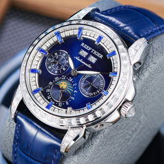 Luxury Zirconia Bezel & Blue Dial Men 24 Hour Moon Phase Dress Business Watch - Reef Tiger Classics RGA1988