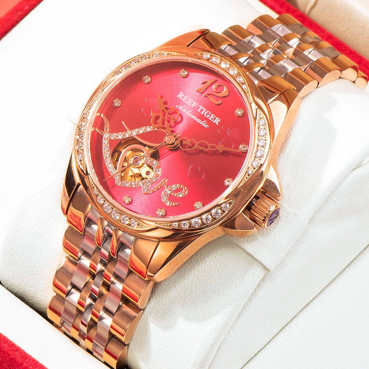 REEF TIGER Original Diamond Watches for Women - Fashion Burgundy Red Dial Luxury RGA1583 Automatic Ladies Dress Watch