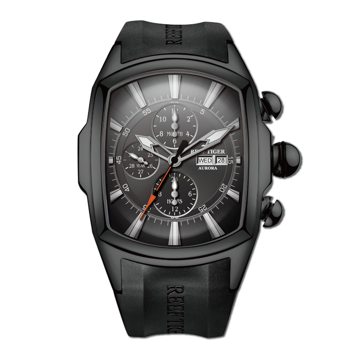 Reef Tiger Tank-P RGA3069 All Black Tonneau Men's Three-eye Calendar Waterproof Automatic Watch