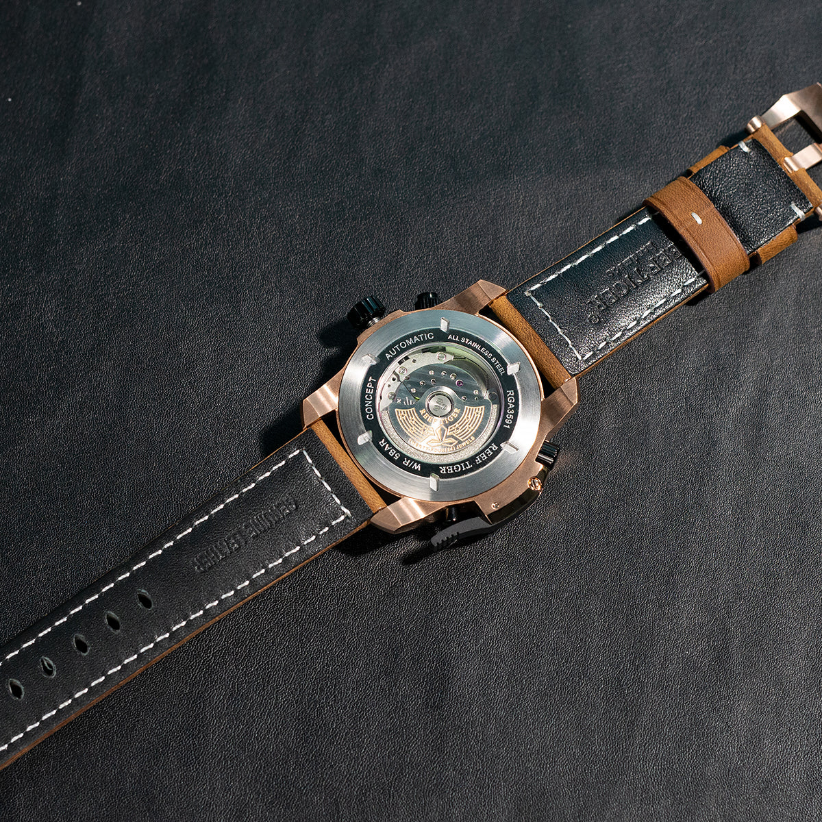 Reef Tiger Aurora Concept 2 RGA3591 Skeleton Automatic Self-Winding Waterproof Watches for Men - Rose Gold Stainless Steel Case/Strap