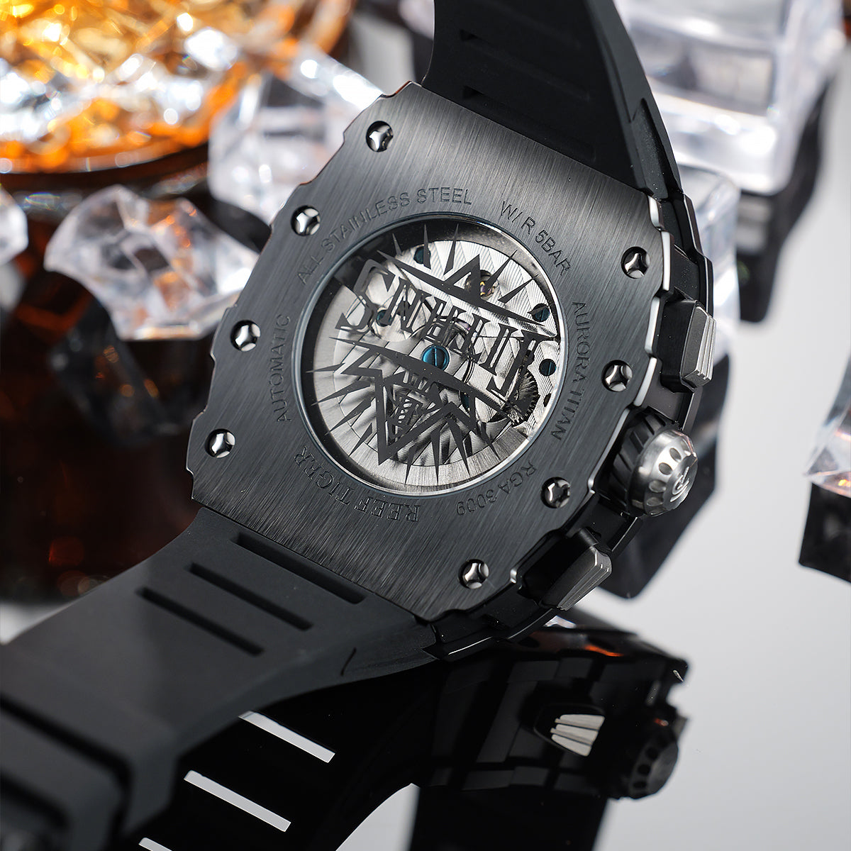 REEF TIGER RGA3009 All Black Men Fashion Flywheel Skeleton Automatic Mechanical Watches - Multifunctional Day/Date Skeleton Watch