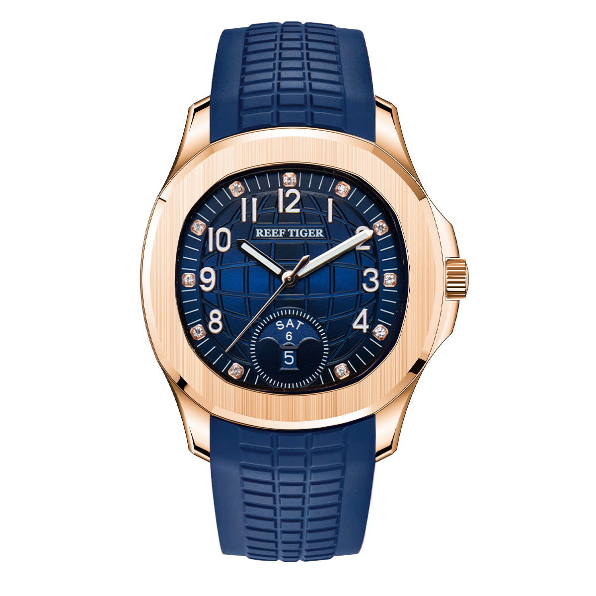 Reef Tiger RGA1805 Luxury Mens Rose Gold Square Multifunction Automatic Watch - 39mm Blue Dial & Rose Gold Case Watch