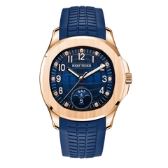 Reef Tiger RGA1805 Luxury Mens Rose Gold Square Multifunction Automatic Watch - 39mm Blue Dial & Rose Gold Case Watch