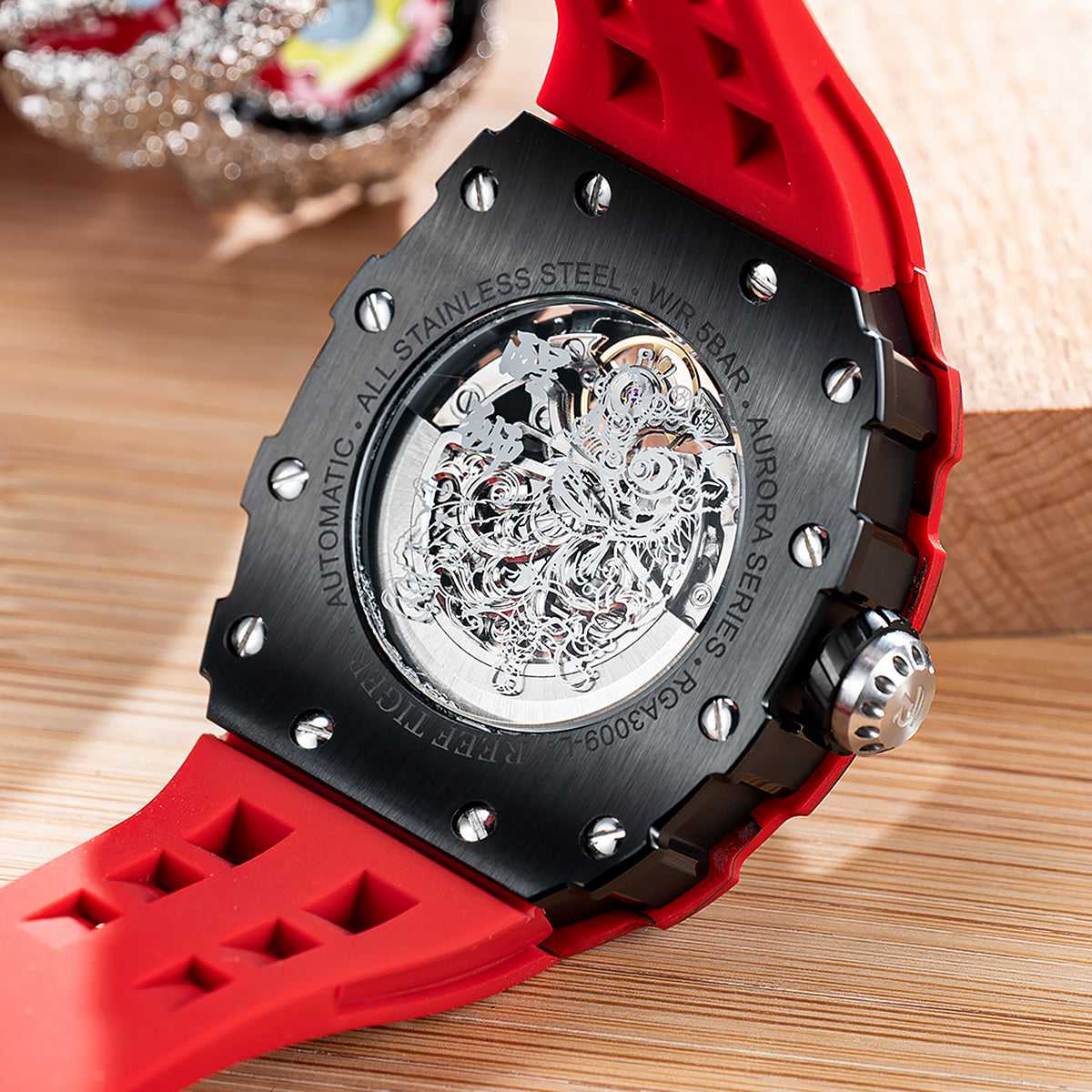 Fashion Reef Tiger RGA3009 Chinese Red Carbon Fiber Case Lion Dance Skeleton Automatic Watch