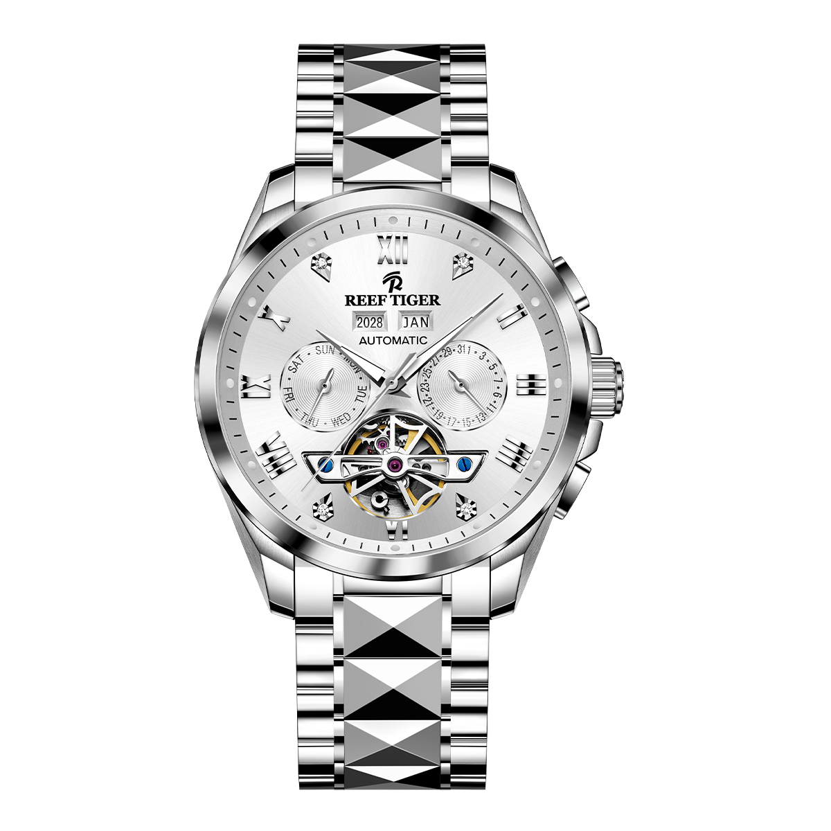 Classic Reef Tiger RGA8235 Men's Dress White Day Date Dial Automatic Tourbillon Style Watch