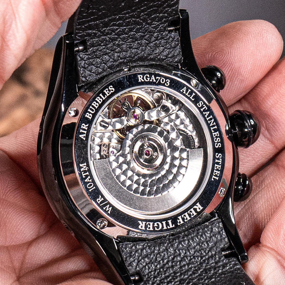 All Black Reef Tiger Aurora RGA703 Mens Sport Automatic Skeleton Red Dial Watches