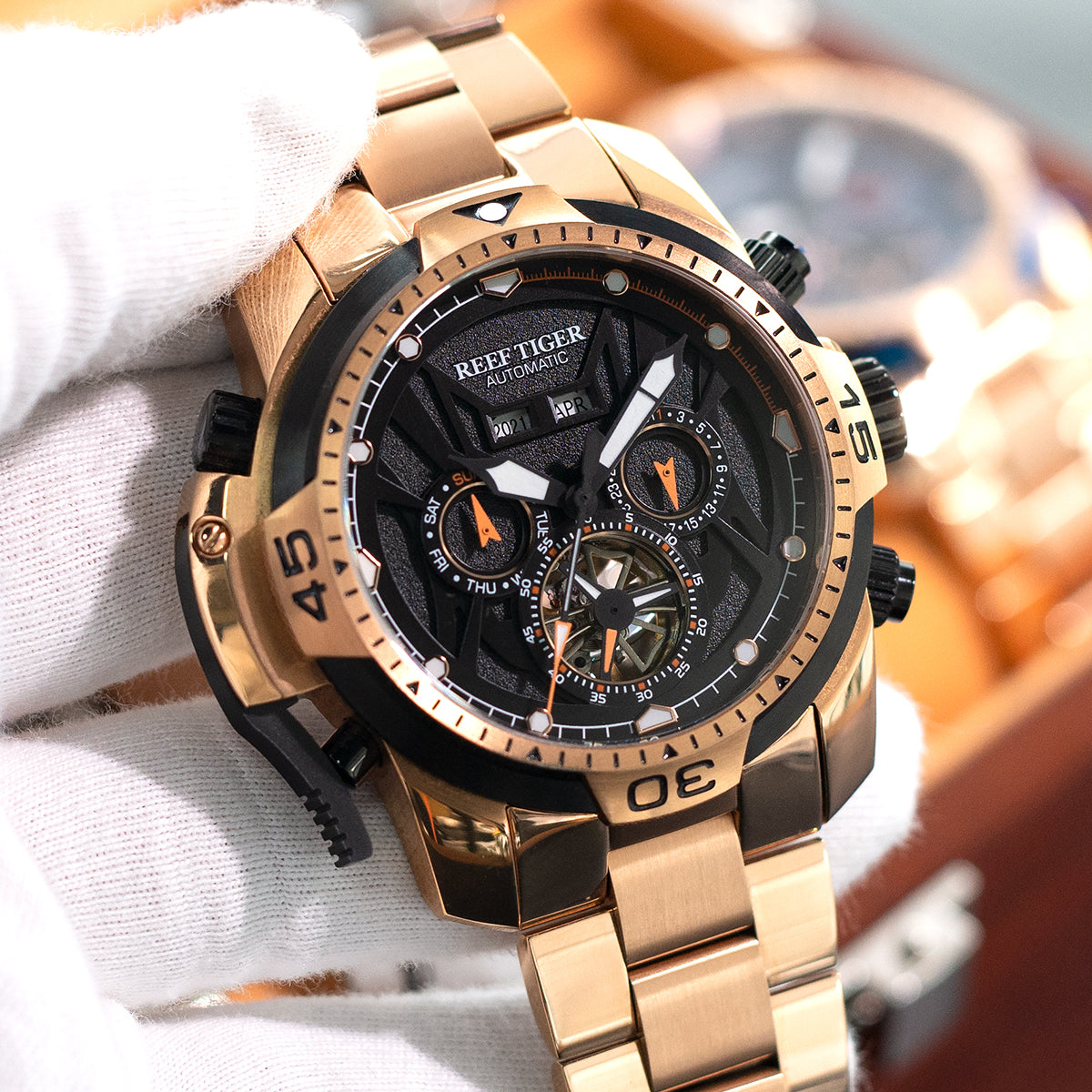 Rose Gold Reef Tiger Aurora RA3532  Men's Automatic Mechanical Watch - Sports Design, Durable Stainless Steel Case/Strap