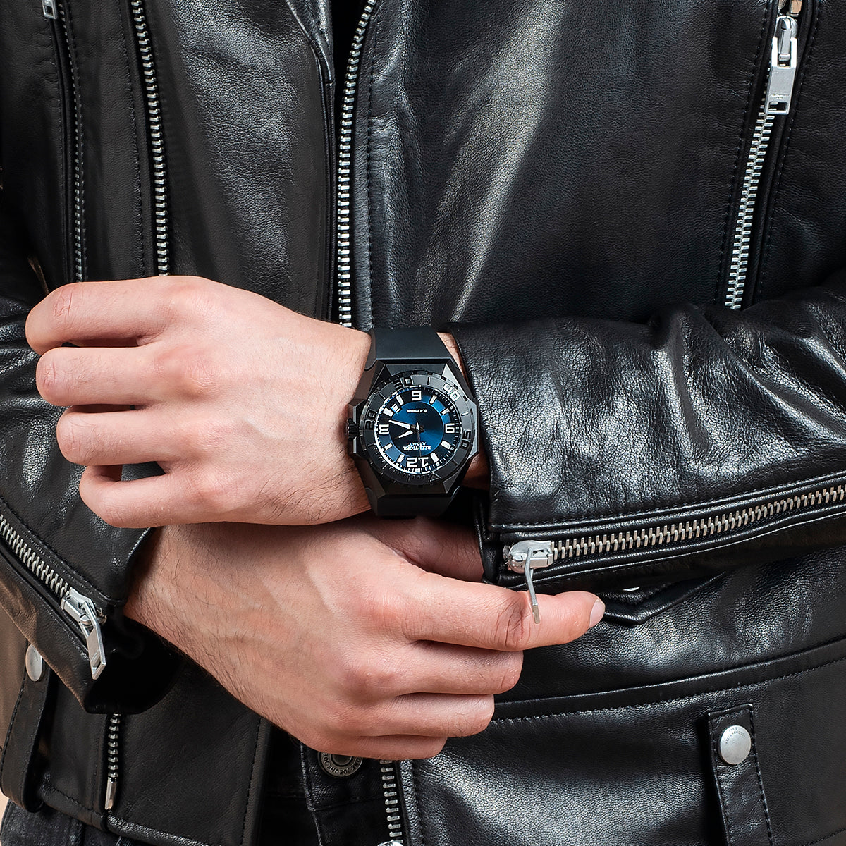 Reef Tiger RGA6903 Black Case Men Mechanical Watches Leather/Rubber/Stainless Steel Diving Watch - Blue Dial & 200M Waterproof