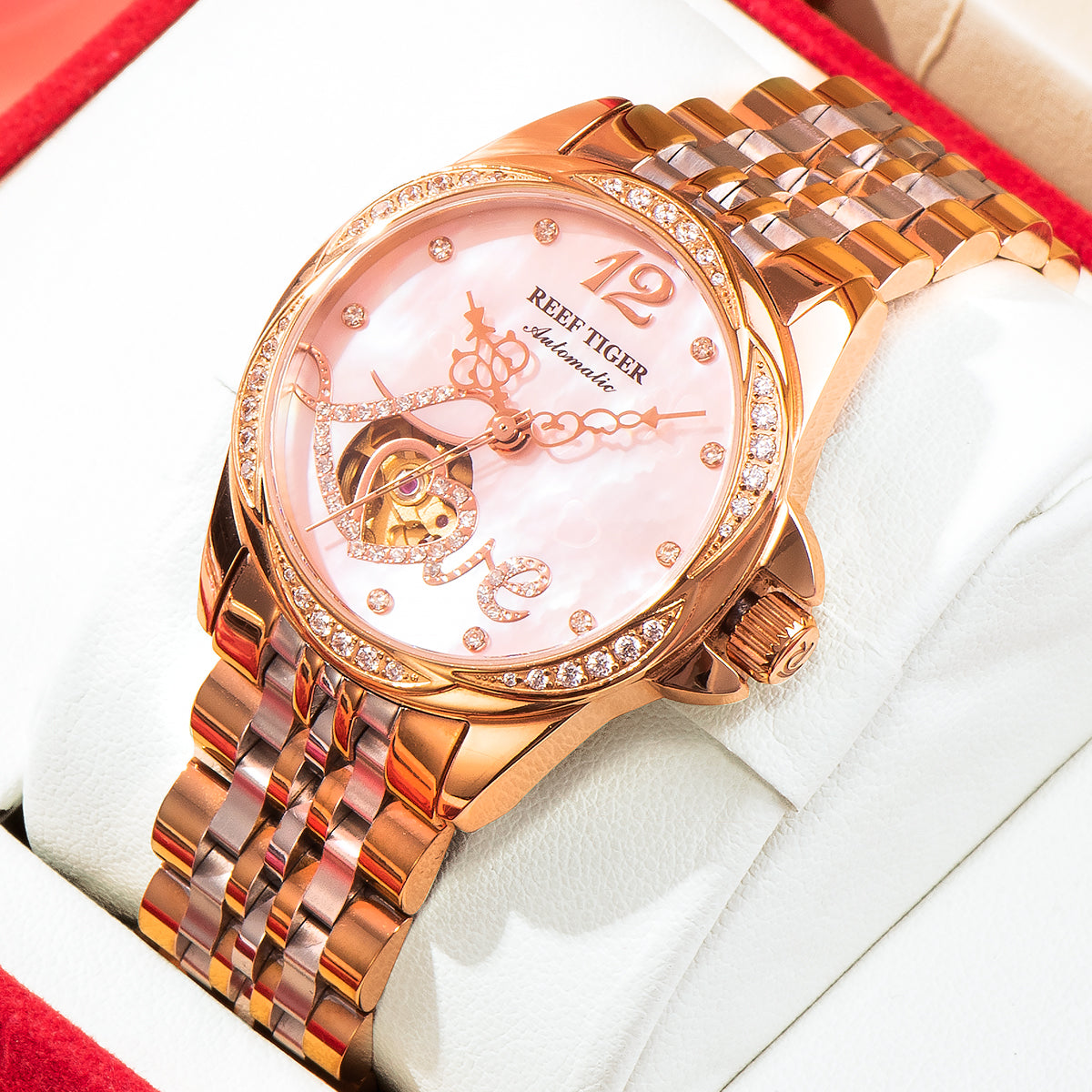 REEF TIGER LOVE RGA1583 Luxury Diamond Automatic Watch for Women - Elegant Rose Gold Stainless Steel Waterproof Ladies Watches