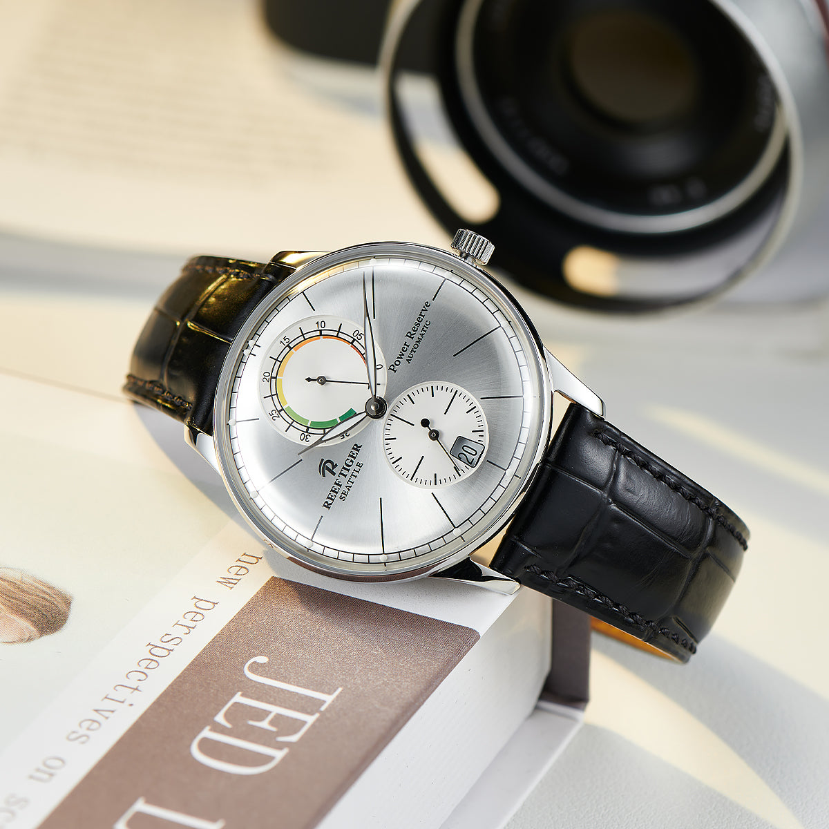 High quality REEF TIGER RGA82B0-3 Classic Automatic Business Watches For Men - Silver Dial Multifunctional Waterproof Dress Watch