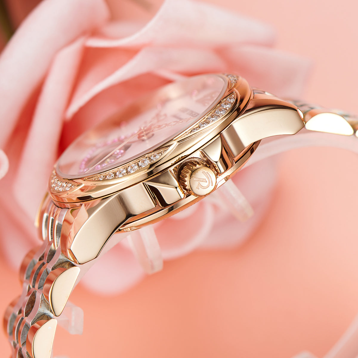 Pink Shell Pattern Dial Diamond Automatic Watch for Women - Fashion Luxury Rose Gold REEF TIGER RGA1583 Women Watches