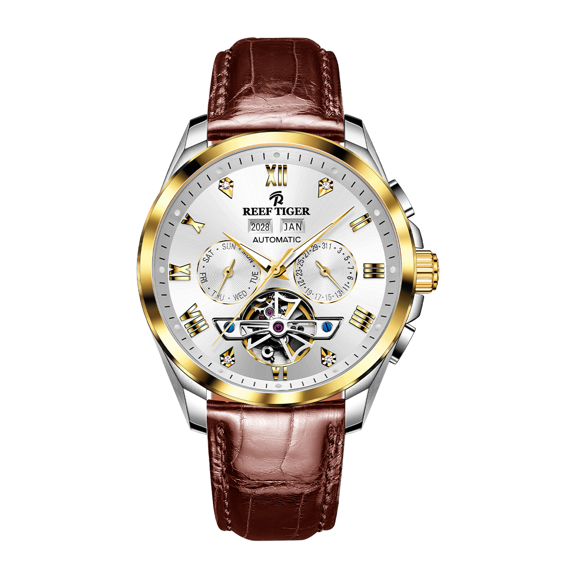 Reef Tiger RGA8235 Classic Dress White Day Date Dial Yellow Gold Case Automatic Men's Watch