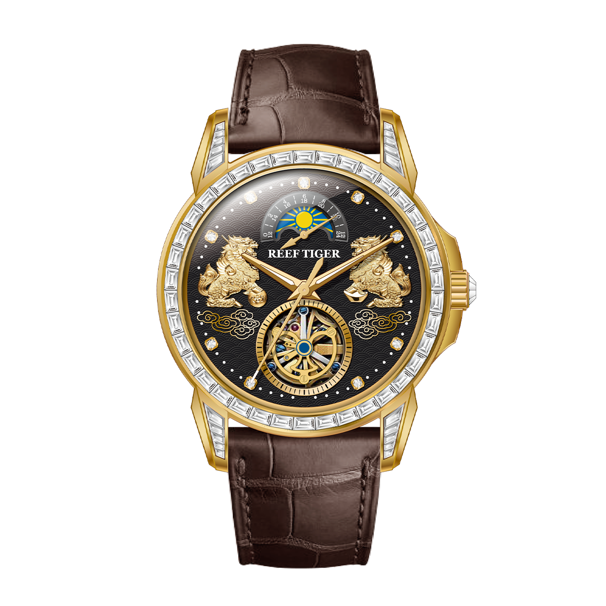 Reef Tiger "Pixiu" RGA1935 - Luxury Yellow Gold Mens Moon Phase Automatic Tourbillon Style Dial & Diamond Design Dress Watches