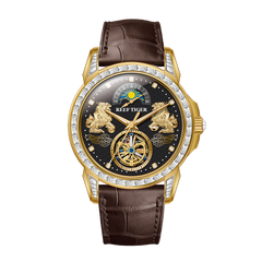 Reef Tiger "Pixiu" RGA1935 - Luxury Yellow Gold Mens Moon Phase Automatic Tourbillon Style Dial & Diamond Design Dress Watches