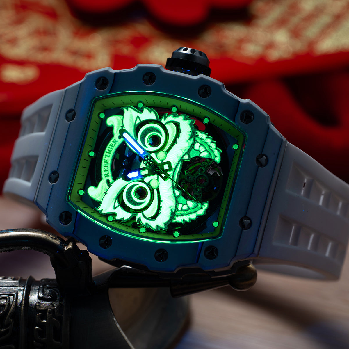 Unique Reef Tiger RGA3009 Chinese Lion Dance Skeleton Black Carbon Fiber Watch