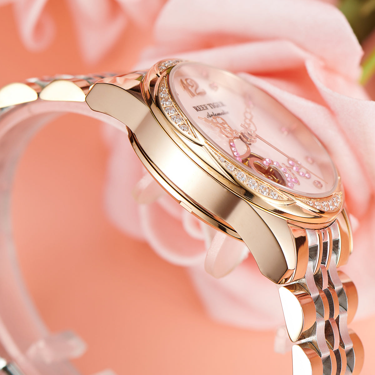 Pink Shell Pattern Dial Diamond Automatic Watch for Women - Fashion Luxury Rose Gold REEF TIGER RGA1583 Women Watches