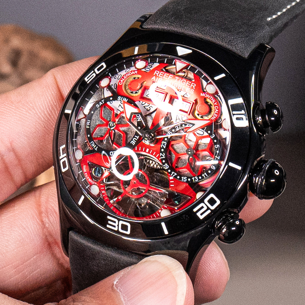 All Black Reef Tiger Aurora RGA703 Mens Sport Automatic Skeleton Red Dial Watches