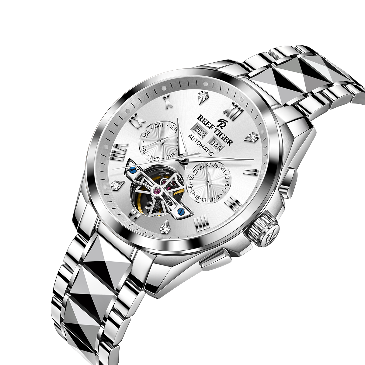 Classic Reef Tiger RGA8235 Men's Dress White Day Date Dial Automatic Tourbillon Style Watch