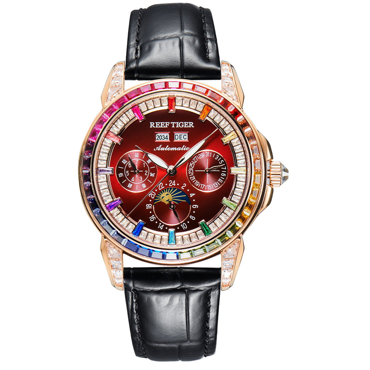 Reef Tiger RGA1988 Burgundy Red Dial Moonphase of Men 42mm Automatic Mechanical Rose Gold Watch - Rainbow Zirconia Bezel