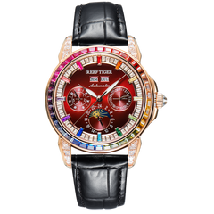 Reef Tiger RGA1988 Burgundy Red Dial Moonphase of Men 42mm Automatic Mechanical Rose Gold Watch - Rainbow Zirconia Bezel