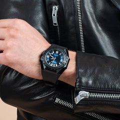 Reef Tiger RGA6903 Black Case Men Mechanical Watches Leather/Rubber/Stainless Steel Diving Watch - Blue Dial & 200M Waterproof