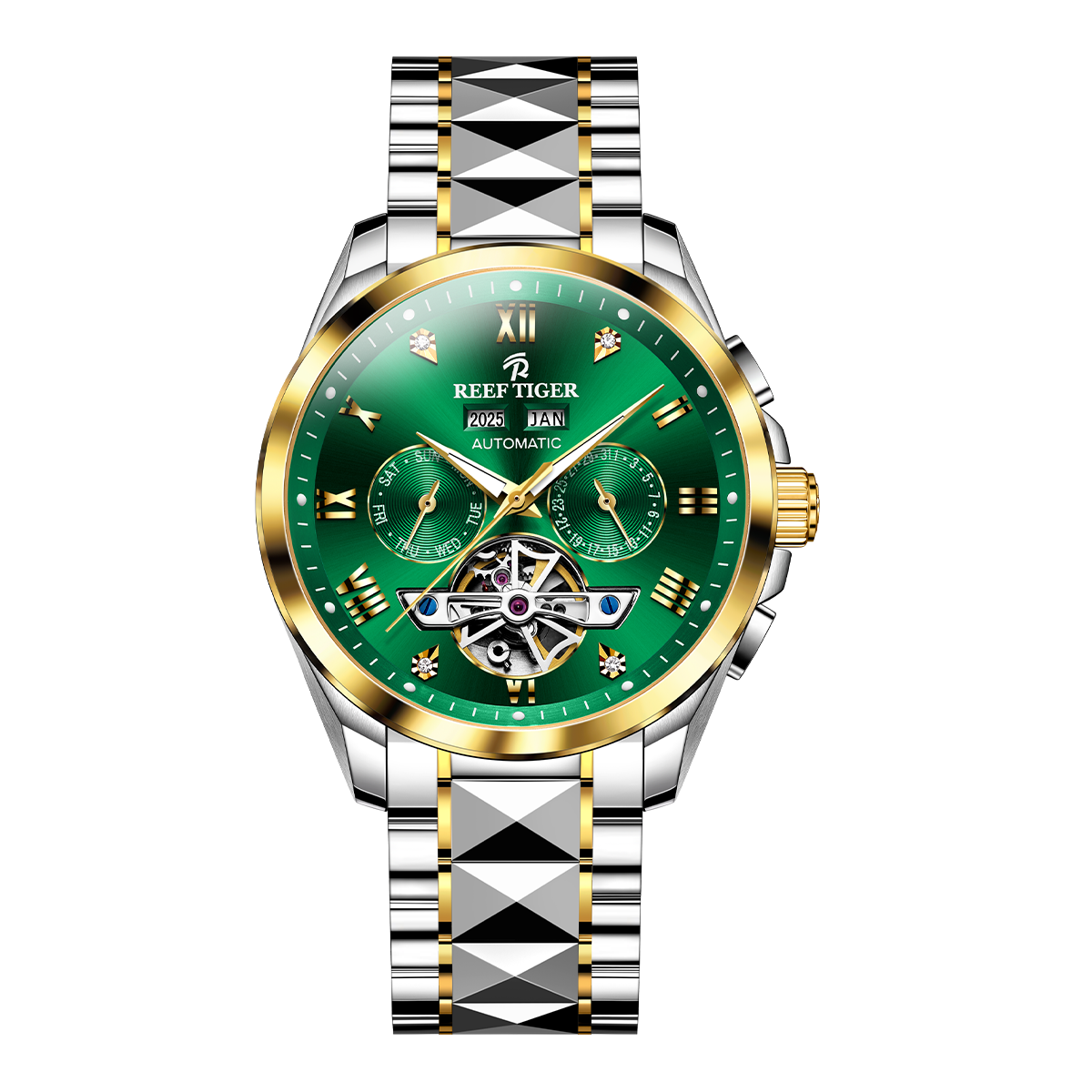 Reef Tiger RGA8235 Constant motion Green Day Date Automatic Tourbillon Style Watches for Men