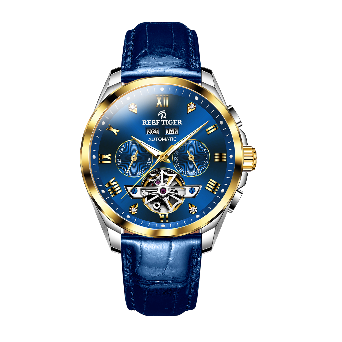 Affordable Reef Tiger RGA8235 Yellow Gold Case & Blue Day Date Dial Automatic Watches