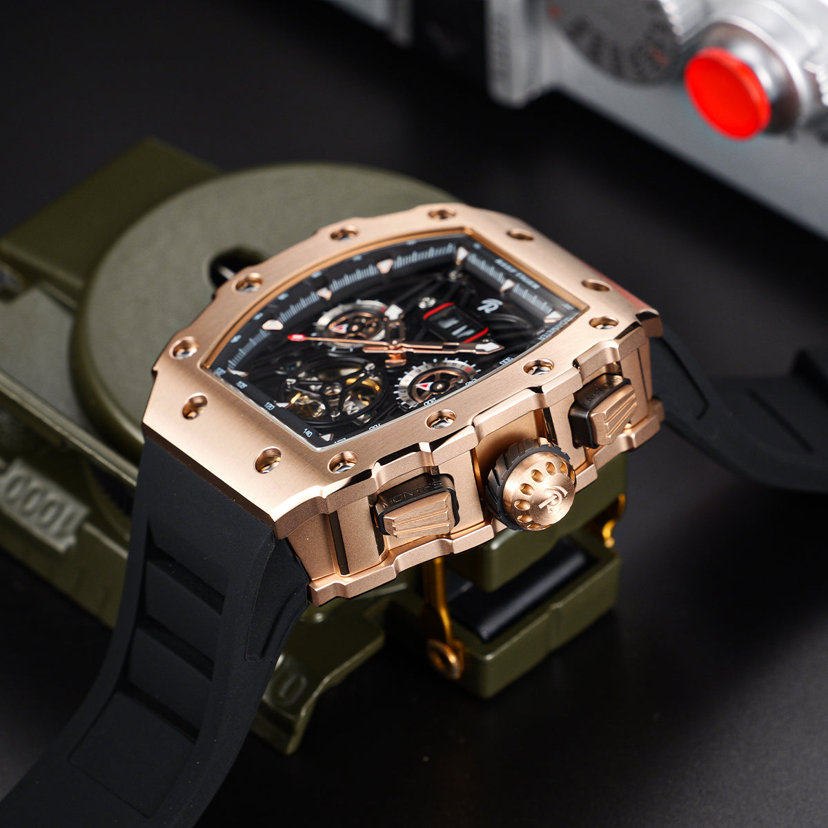 REEF TIGER RGA3009 Rose Gold Men Skeleton Automatic Tonneau Wristwatch - Multifunctional Date Luminous Waterproof Watch