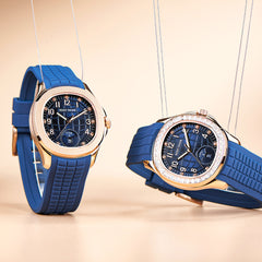 Reef Tiger RGA1805 Luxury Mens Rose Gold Square Multifunction Automatic Watch - 39mm Blue Dial & Rose Gold Case Watch