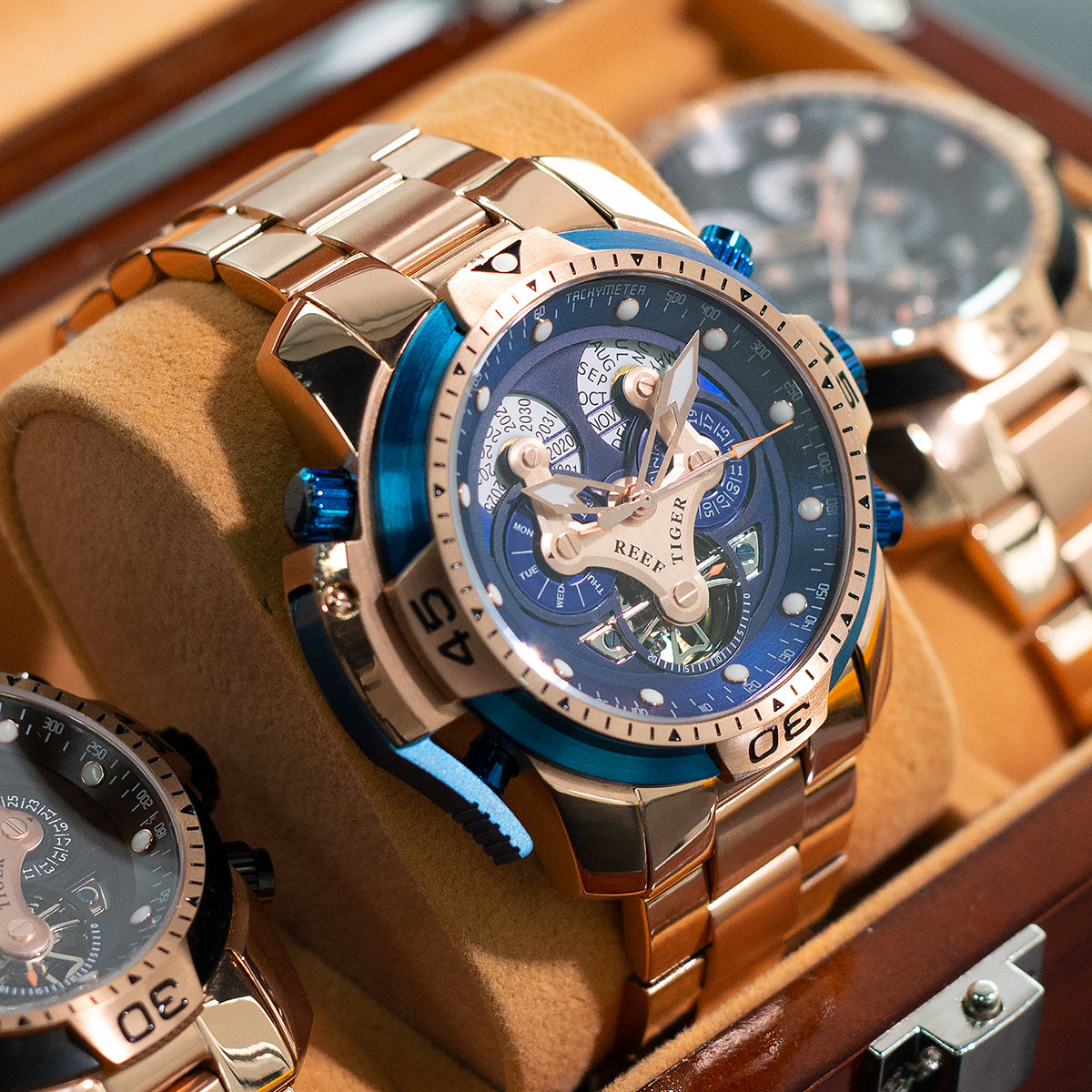 Reef Tiger Aurora RGA3503 Men's Automatic Mechanical Rose Gold Wristwatch - ST25 Automatic Movement Fashion Casual Sports Watch