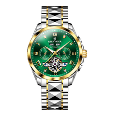 Reef Tiger RGA8235 Constant motion Green Day Date Automatic Tourbillon Style Watches for Men