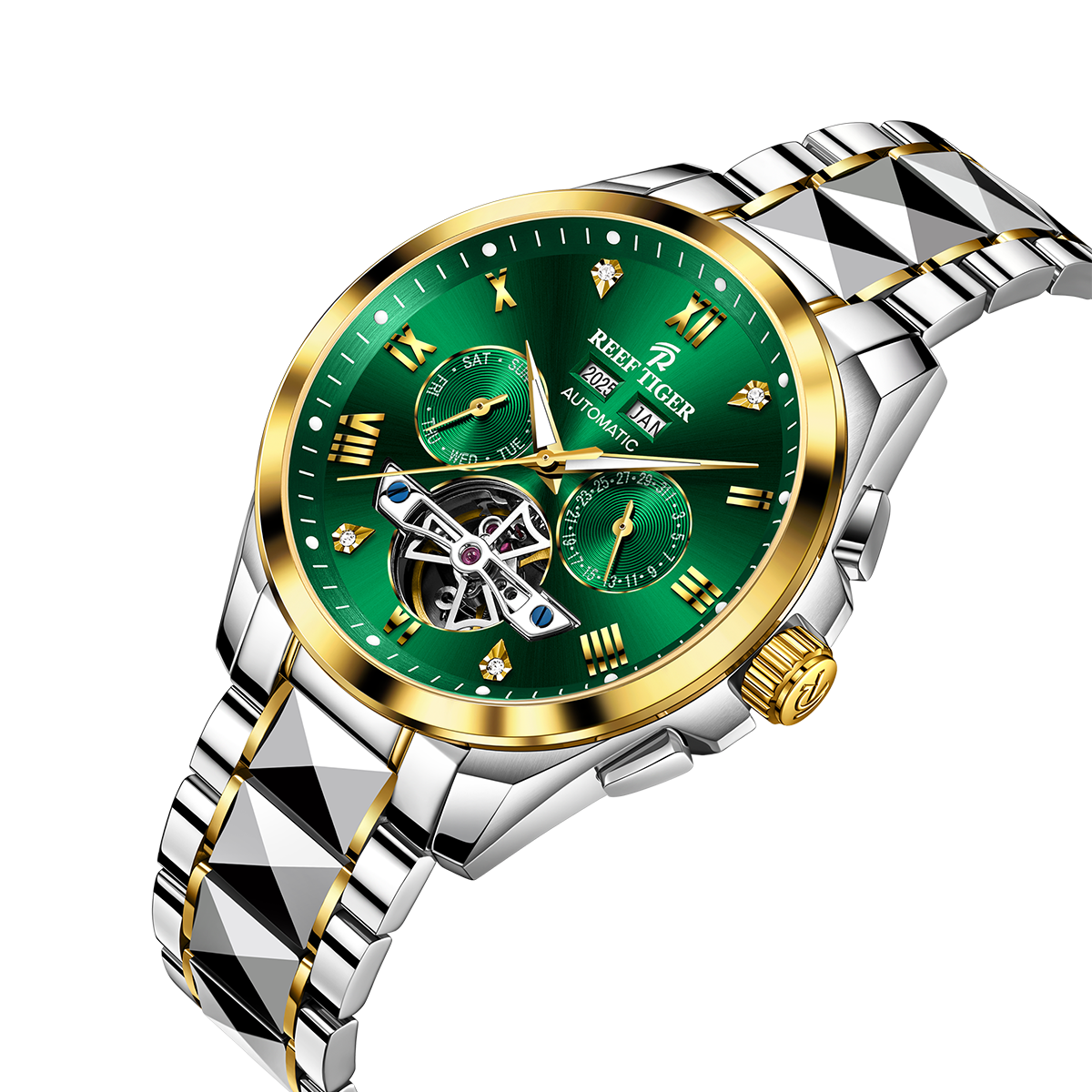 Reef Tiger RGA8235 Constant motion Green Day Date Automatic Tourbillon Style Watches for Men